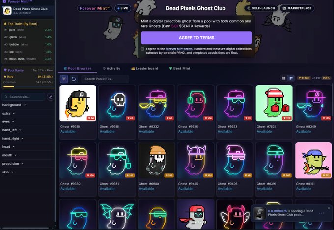 A webpage screenshot from sentx.io displays the "Dead Pixels Ghost Club" Forever Mint pool browser, showing neon-styled ghost NFTs (#9310, #9316, #9332, #9336, etc.) each priced at 0.1 ETH and marked Available, with the top traits listed as "gold" (rare) at 0.3% and "gltch," "bulbble," and "ice" each at 1.4% on the left sidebar. The image directly illustrates the post by showcasing the first neon ghost pulls from the 25-entrant mint pool, with a $0.10394675 opening price notification appearing in the corner.