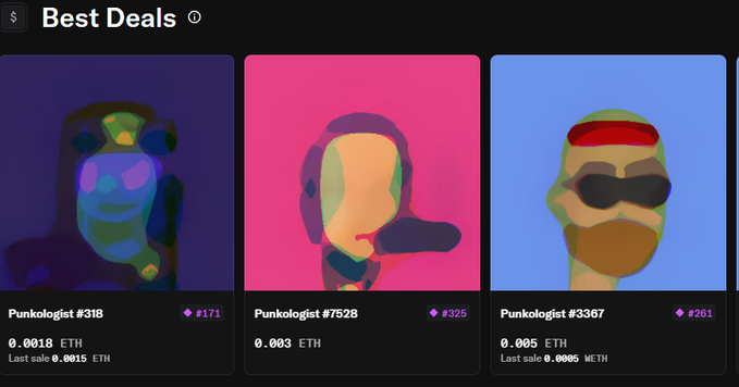 A 'Best Deals' NFT marketplace screen displaying three Punkologist collections (#318, #7528, #3367) priced in ETH with their last sale prices and rarity scores.