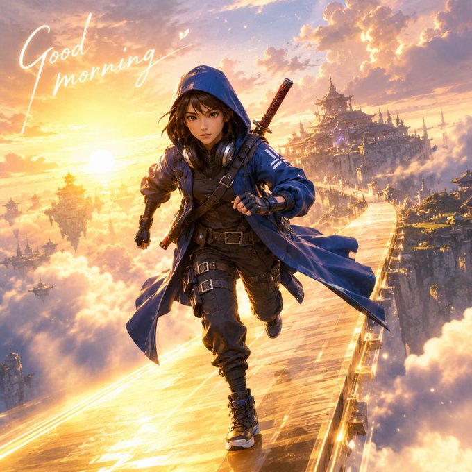 An anime-style illustration of a hooded female warrior with a katana walking along a glowing golden path through clouds at sunrise, with 'Good morning' written in the upper left.