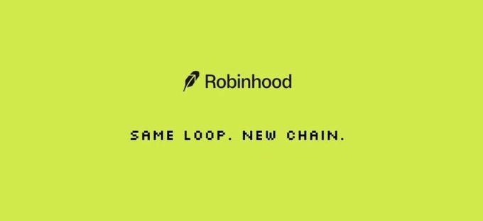 The image displays the Robinhood logo and name on a bright green background, with the tagline "SAME LOOP. NEW CHAIN." beneath it, referencing Robinhood's expansion into blockchain/crypto technology. This connects to the post about new blockchain-based features, like token launches with leveraged positions being available on the platform.