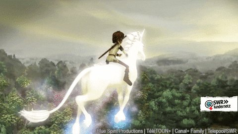 The image shows a white unicorn galloping through a forest with trees and mountains. It appears that there's some sort of animation or computer-generated imagery involved, as indicated by the text at the bottom suggesting the post could be an advertisement for something called "1 Solana". The focus on the image is to draw attention to the idea being conveyed in the image and prompt viewers to consider how it might connect with the concept of 1 Solana.