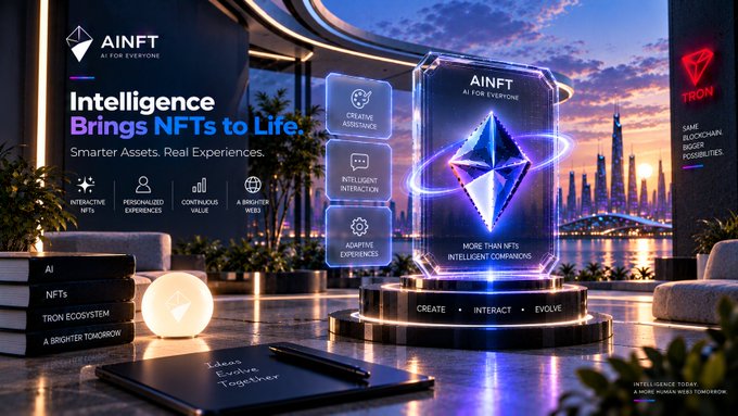 A futuristic promotional graphic for 'AINFT - AI FOR EVERYONE' featuring the tagline 'Intelligence Brings NFTs to Life' with features like Creative Assistance, Intelligent Interaction, and Adaptive Experience, alongside TRON branding and a glowing diamond-shaped NFT display.