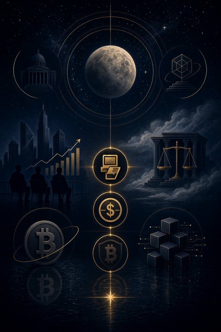 A dark, mystical graphic design featuring the moon, a city skyline with rising charts, scales of justice, and Bitcoin logos arranged in a vertical composition.