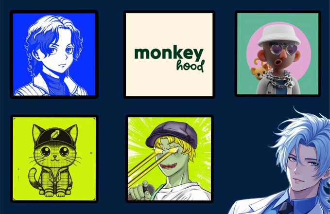 A collage featuring various NFTs including a blue-haired anime character, a 'monkey hood' logo, a monkey with heart glasses, a cat in a cap, a green-skinned character with a beret, and a blue-haired anime-style man.