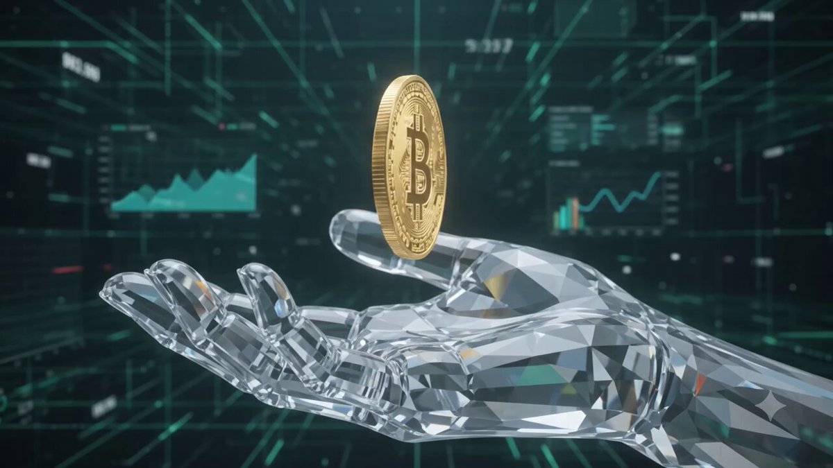 The image features a 3D rendering of a hand holding a coin, with the coin being gold and having a diamond shape. The background of the image is black, which contrasts with the clear glass-like material of the hand and the coin. The caption "Diamand hand" suggests that this could be an advertisement or promotional material for a product related to cryptocurrency or digital currency.