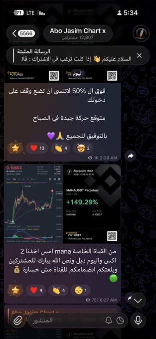 A screenshot of a Telegram channel named "Abo Jasim Chart x" displaying two pinned messages: one stating a 50% win rate on trades and offering a new morning strategy to followers, and another showing a MANAUSDT chart with a +149.29% gain, advertising 2 trades on Mana. The pinned posts reinforce the channel's promotion of high-profit crypto trading signals, including the listed Mana performance.
