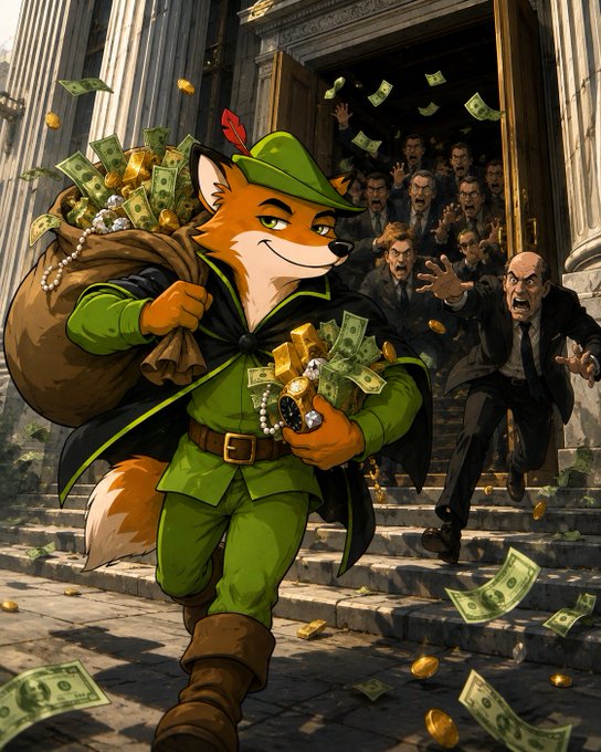 A cartoon illustration depicts an anthropomorphic fox dressed as Robin Hood carrying a bag overflowing with money, gold, and jewels, running away from angry bankers and flying dollar bills outside a grand building.