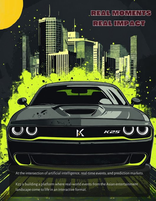A promotional poster for 'K2s' featuring a black sports car with green accents, set against a stylized city skyline. Text reads: 'REAL MOMENTS REAL IMPACT' and describes K2s as a platform combining AI, real-time events, and prediction markets for Asian entertainment.