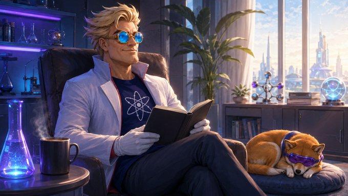 A blonde scientist in a lab coat and blue-tinted sunglasses relaxes in a chair with a book, accompanied by a sleeping dog wearing purple goggles, surrounded by beakers, an atom-symbol shirt, and a futuristic cityscape visible through the window—perfectly capturing the laid-back "gm" lab vibe of a new week of experiments.