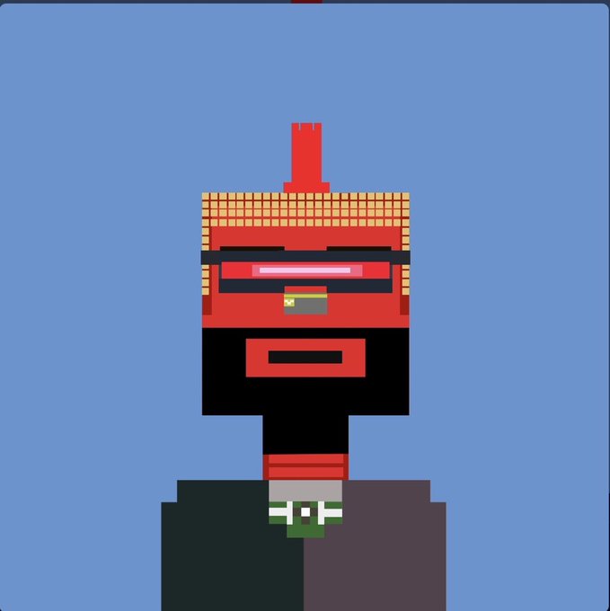 A pixel-art character with a red, box-shaped head, glowing pink eyes, and an antenna, wearing a dark suit and green tie against a blue background.
