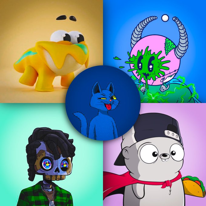 A collage of cartoon NFT characters, including a blue cat in the center, a yellow creature, a horned monster, a skull-headed figure, and a panda-like character with a taco.