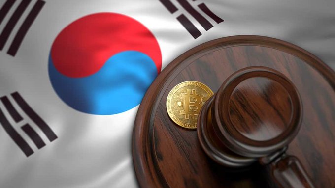 A gold Bitcoin coin rests on a wooden gavel base against the South Korean flag, illustrating new proposed legislation allowing authorities to seize and liquidate cryptocurrency to enforce court rulings, set to take effect in October.