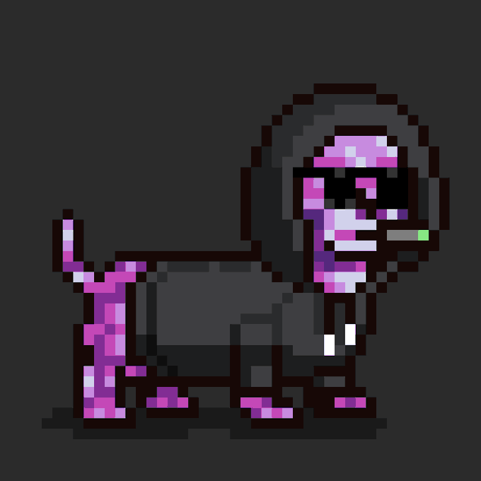 A pixel art illustration shows a black and pink character in a hooded jacket with sunglasses.