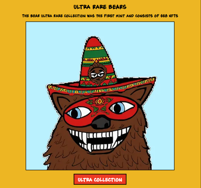 The image features a cartoon bear wearing a sombrero hat with a face painted on it, giving it an amusing appearance. The text at the bottom of the image reads "Ultra Rares Not your average $BEAR Check us out @xrpcafe and @bearXRPL". This suggests that the image is promoting a collection or series related to the cartoon bear's unique style or character.