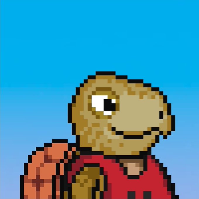 Pixel art of a yellow dinosaur character wearing a red outfit, resembling a retro video game sprite against a blue background.