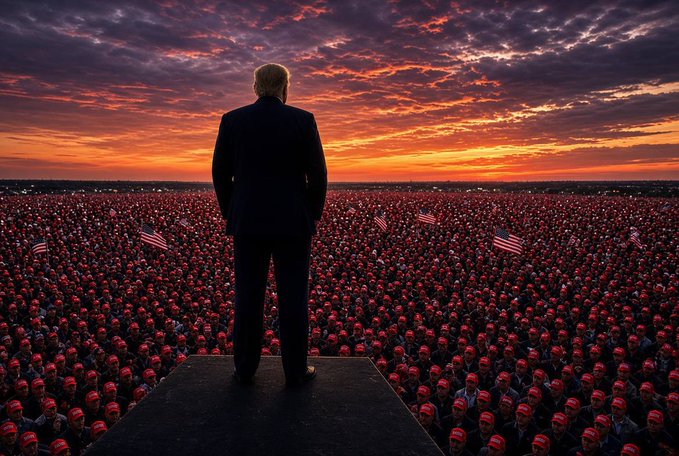 A man in a dark suit stands overlooking a massive crowd at sunset, with the gathering waving American flags and wearing red MAGA hats. The image visually reinforces the post's message of $MAGA as a resilient, ongoing movement and community beyond just a cryptocurrency token.