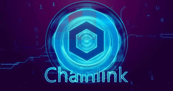 A digital graphic featuring the Chainlink cryptocurrency logo, a glowing blue hexagon, with the word 'Chainlink' displayed below against a dark purple background filled with binary code.