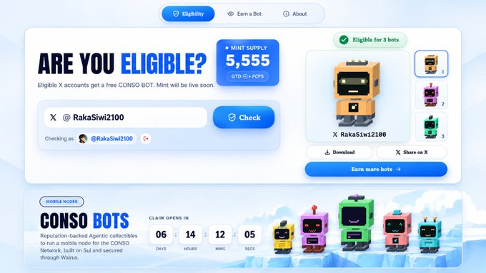 A webpage for 'CONSO BOTS' showing eligibility check interface for @RakaSiwi2100, indicating eligible for 3 bots with a mint supply of 5,555 tokens, featuring colorful robot characters and a countdown timer.
