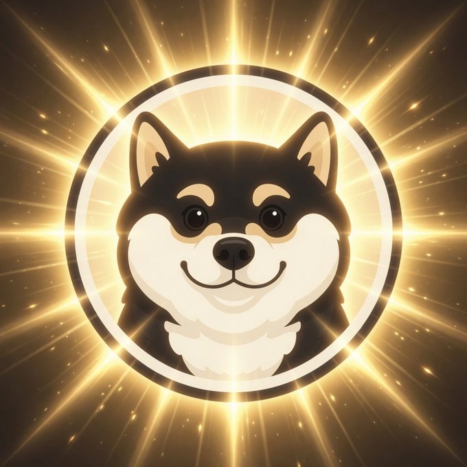 A cartoon Shiba Inu dog mascot centered in a glowing golden ring with radiant light beams emanating outward.