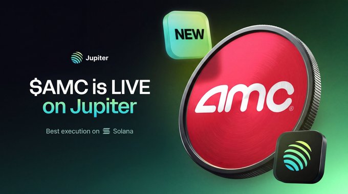 Promotional graphic announcing '$AMC is LIVE on Jupiter' with 'Best execution on Solana' tagline, featuring the red AMC coin logo and Jupiter's wave icon with a 'NEW' badge.