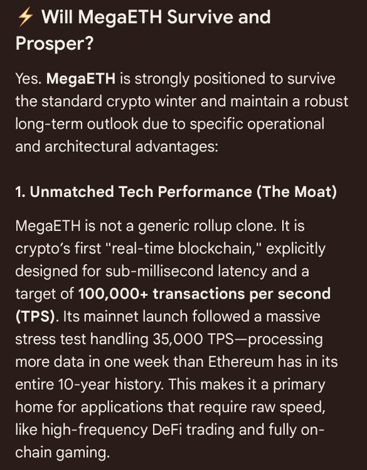 A text-based article titled 'Will MegaETH Survive and Prosper?' discussing the blockchain's technical performance, highlighting 100,000+ TPS capabilities and a 35,000 TPS stress test.