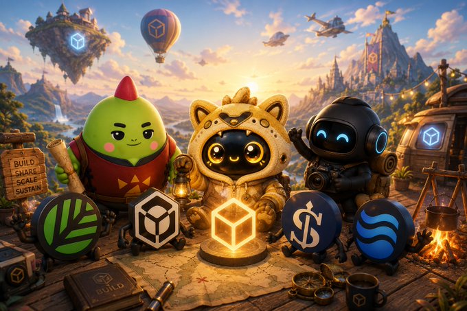 A fantasy digital artwork featuring three cute characters (a green figure, a cat-costumed robot, and a black robot) surrounded by cryptocurrency logos and a "BUILD SHARE SCALE SUSTAIN" sign.
