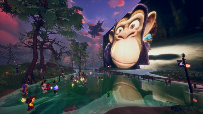 A vibrant virtual world scene shows a giant billboard displaying an angry chimpanzee face above a crowd of colorful avatar characters on a green landscape.