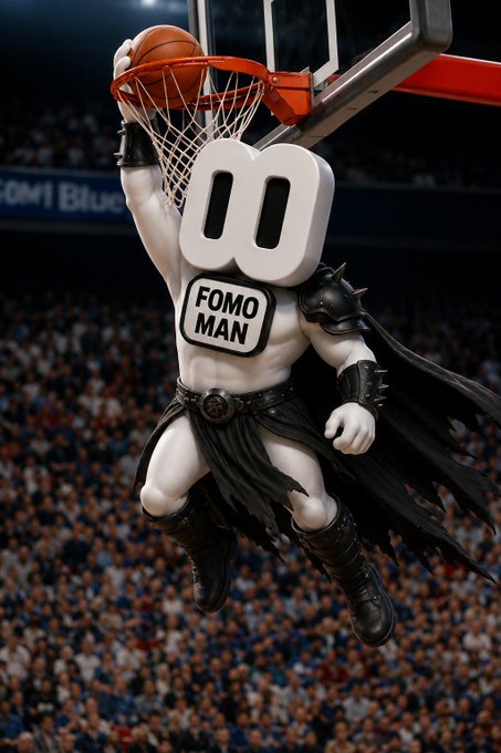A 3D-rendered satirical image shows a muscular, gladiator-like figure labeled "FOMO MAN" dunking a basketball, combining sports action with the crypto slang for "Fear Of Missing Out."
