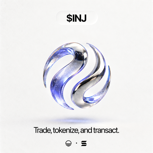 An advertisement for $INJ (Injective) featuring a 3D rendered silver and purple orb, with the tagline "Trade, tokenize, and transact." at the bottom.