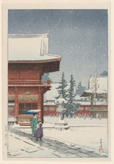 A traditional Japanese woodblock print depicting a snowy winter scene with a temple/shrine building, pine trees, and figures walking in the snow.
