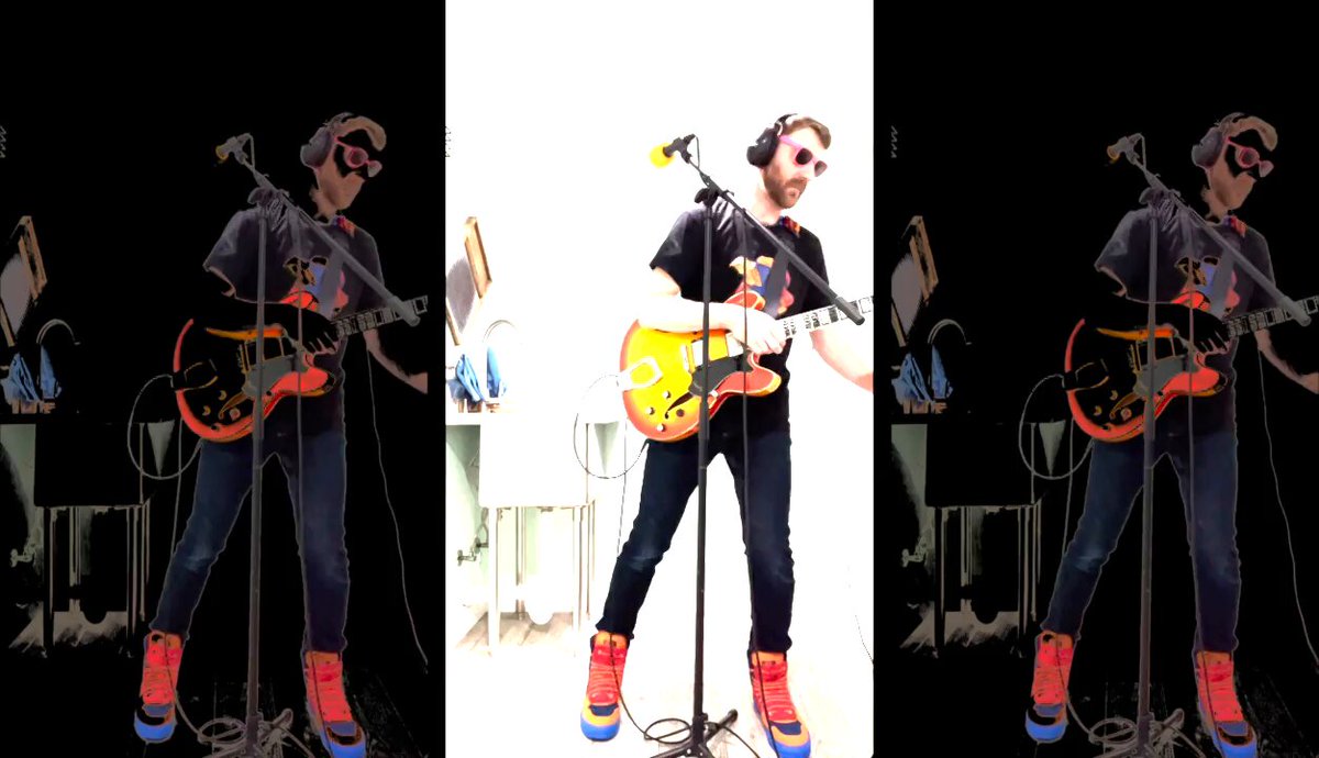 The image features three different photos of a man playing an electric guitar. The first photo shows him standing next to a microphone, wearing sunglasses and red shoes. The second photo captures him playing his electric guitar while wearing black pants and a black shirt with red shoes. The third photo is a close-up of the man holding the electric guitar in front of him. All three photos have the same background color, which is white.