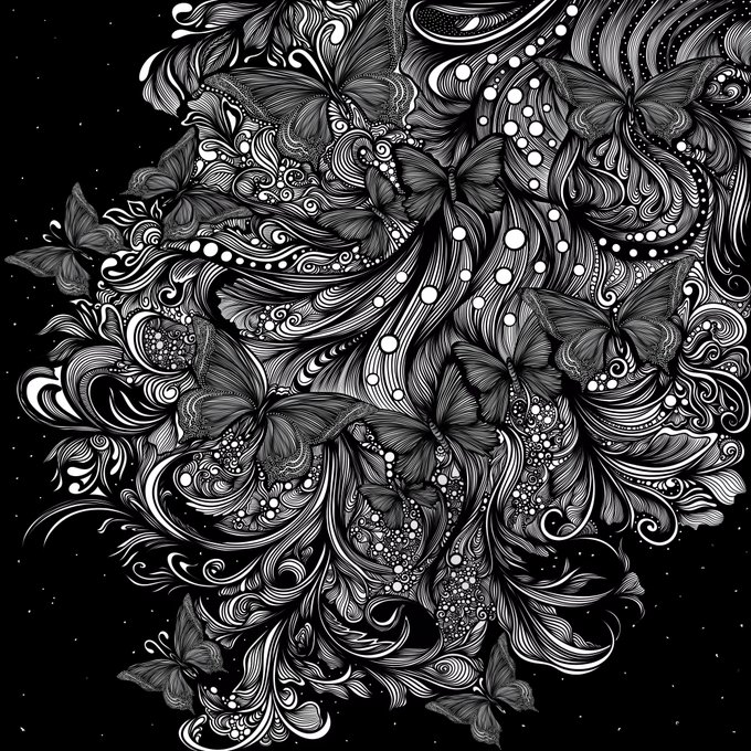 An intricate black and white illustration filled with detailed, swirling floral patterns, butterflies, and dotted lines against a starry black background, creating a dense mandala-like composition.