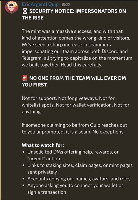 A security notice from EricArgent on Quip warning about impersonators and scammers on Discord and Telegram, emphasizing that team members will never DM first.