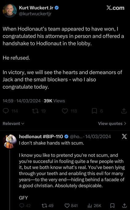 A screenshot of an X.com post by Kurt Wuckert Jr (@kurtwuckertjr) discussing a confrontation with Hodlonaut following a legal victory, alongside a quoted reply from hodlonaut #BIP-110 stating 'I don't shake hands with scum.'