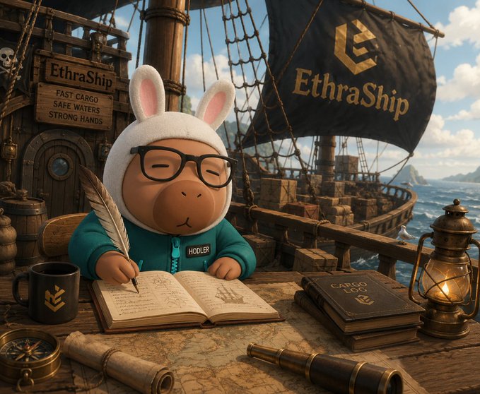 A digital illustration of a pig character wearing glasses and bunny ears, dressed as a 'HOOLER' and writing with a quill on a ship called 'EthraShip', surrounded by nautical items like a compass, telescope, and mug.