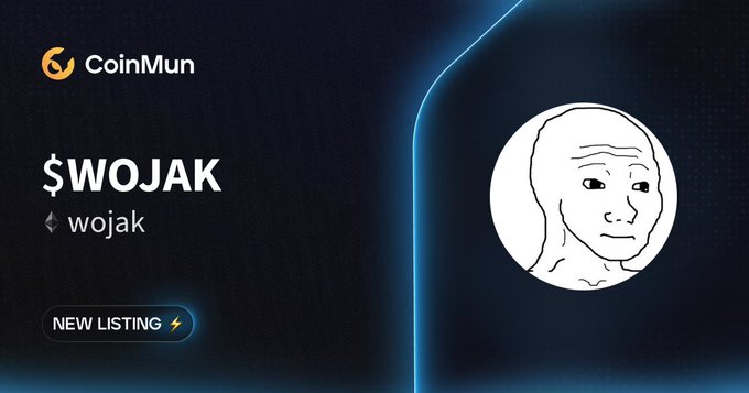 A CoinMun promotional graphic announcing a new listing for the $WOJAK token, featuring the iconic Wojak meme character illustration alongside the text "$WOJAK wojak" and a "NEW LISTING" badge with a lightning bolt icon.