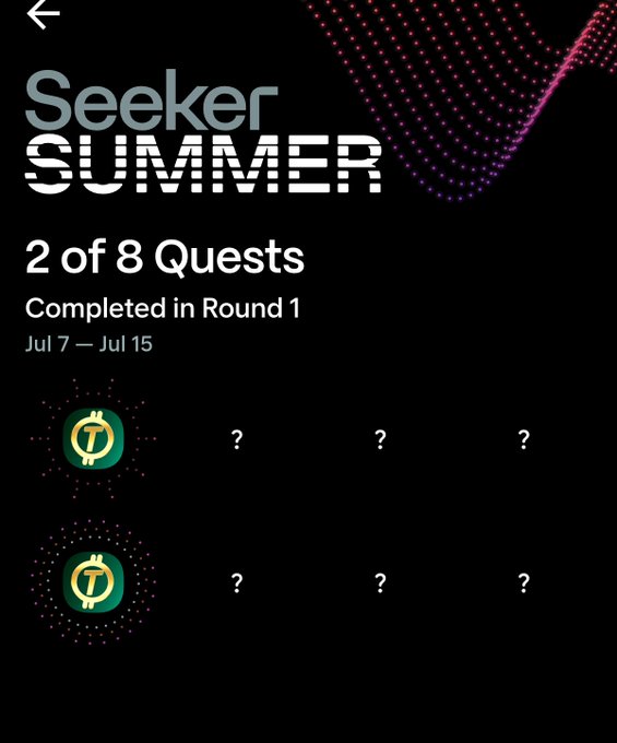 A mobile app screen titled 'Seeker SUMMER' shows '2 of 8 Quests Completed in Round 1' (Jul 7 – Jul 15), with most quest icons hidden behind question marks.