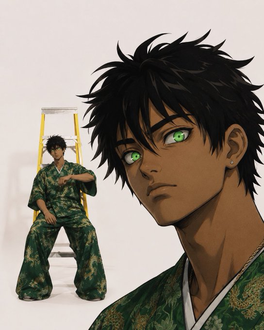 An anime-style illustration featuring a dark-haired character with green eyes wearing a green patterned kimono, shown both in a close-up portrait and seated on a yellow ladder in the background.