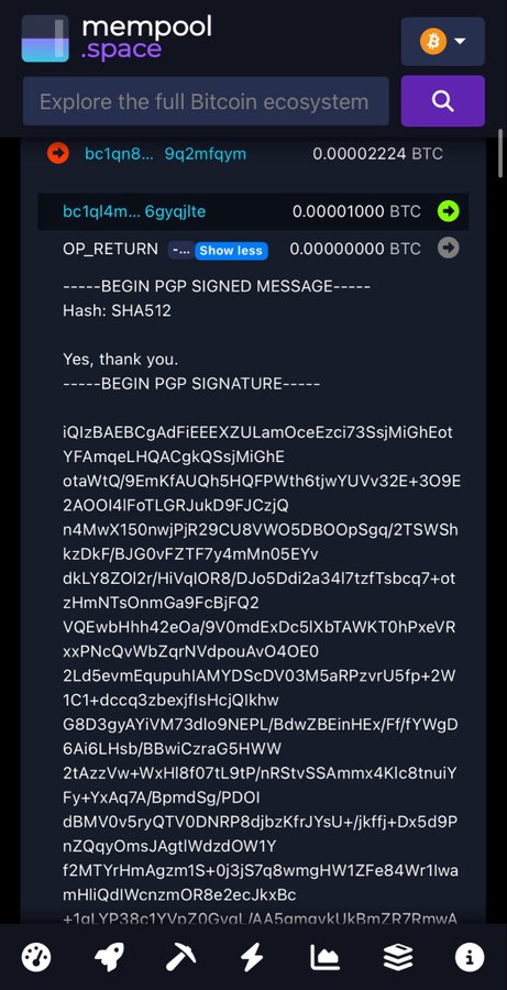 A screenshot of the 'mempool.space' website exploring the Bitcoin ecosystem, showing transaction details for 'bc1ql4m... 6gyqjlte' with an OP_RETURN text message saying 'Yes, thank you.' followed by a long PGP signature.
