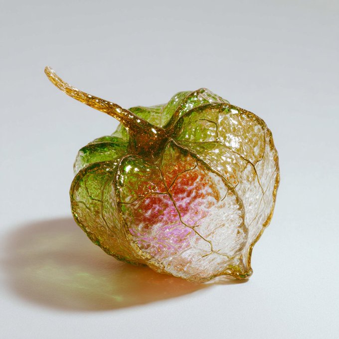 A delicate, translucent green and pink husk of a Chinese lantern plant (Physalis) photographed against a white background.
