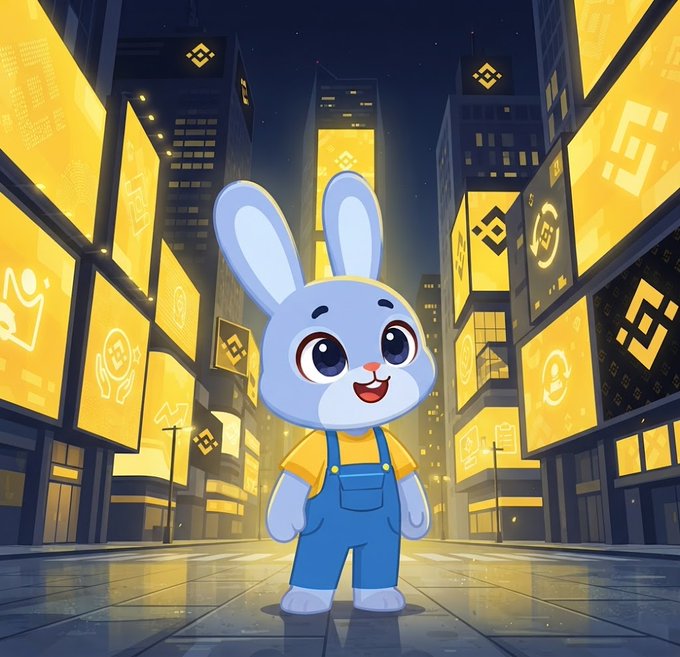A 3D-rendered, cute blue cartoon bunny wearing blue overalls and a yellow shirt stands smiling in a stylized city street at night, surrounded by buildings with glowing yellow cryptocurrency-related icons and billboards.