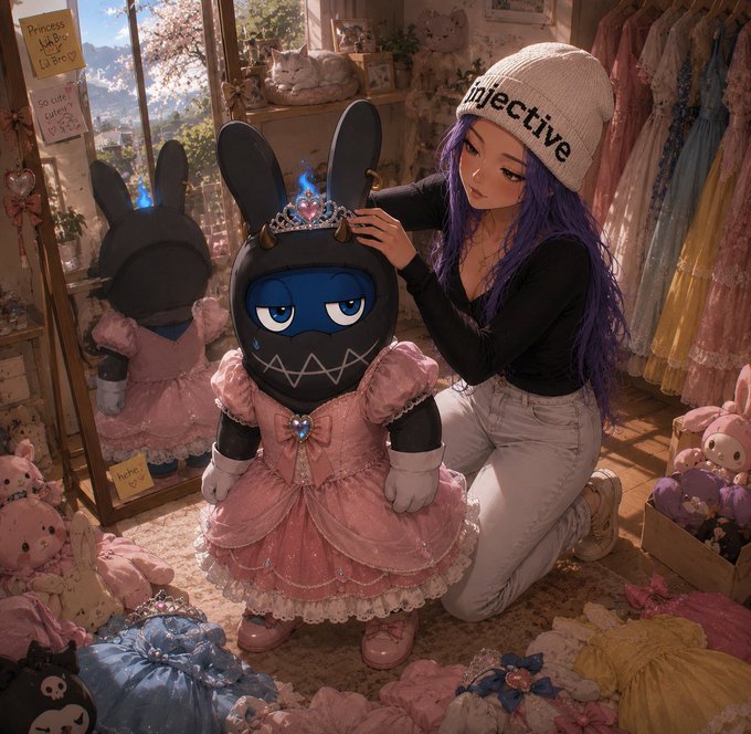 The image features a girl wearing a pink tutu, sitting next to a large stuffed bunny with blue eyes and a crown. The girl appears to be adjusting her hair or putting on a tiara while standing near a dresser filled with various clothing items such as dresses and tiaras. A sign is also visible in the background that reads "gm, lil bro wanna bring me to the candy shop good thing ive come prepared. no one would suspect a princess stealing candies right?".