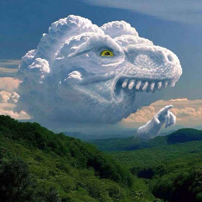 A surreal digital artwork features a massive cloud shaped like a dinosaur's head with a striking yellow eye and sharp teeth, looming over a lush green mountainous landscape while a cloud-formed hand points downward.