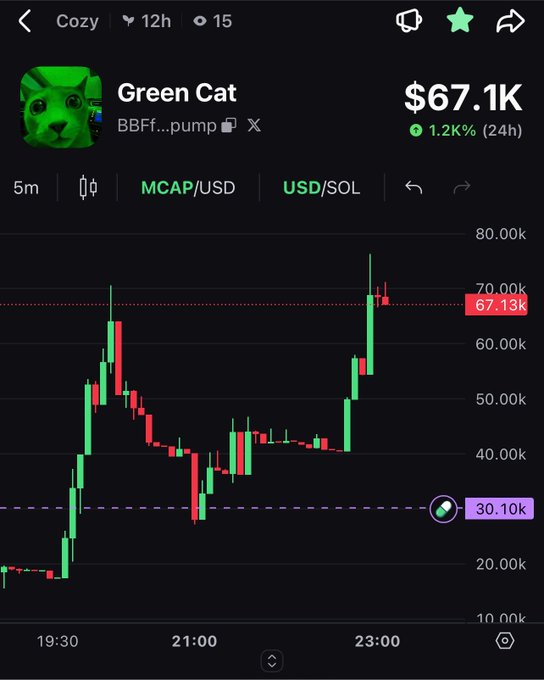 A crypto trading app screen showing the 'Green Cat' (BBFF...pump) token at $67.1K with a 1.2K% gain over 24 hours, displaying a candlestick chart in USD/SOL.