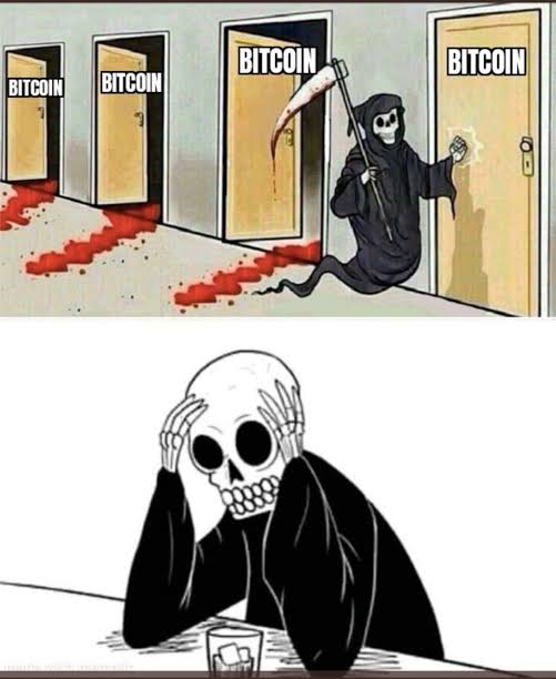 A two-panel meme shows a Grim Reaper exiting one of several "BITCOIN" labeled doors, leaving a blood trail, while a shocked skeleton sits below clutching its head in disbelief. The imagery humorously suggests that despite bearish sentiment and looming "death," Bitcoin continues to surprise skeptics — fitting Bernstein's bold long-term price predictions of $150K by 2027 and $1M by 2033.