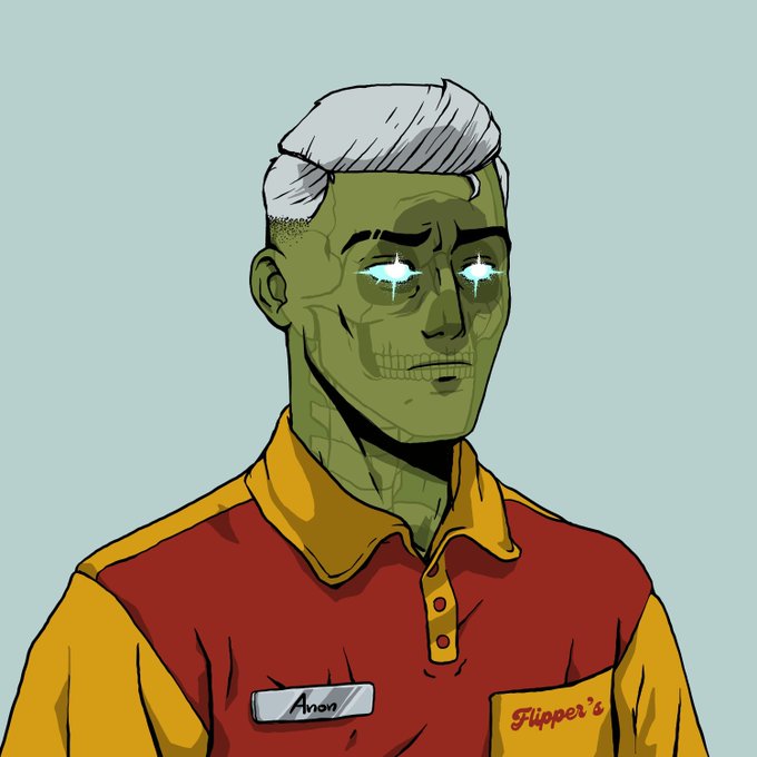 A digital illustration of a green-skinned, zombie-like male character with glowing light blue eyes and white hair, wearing a yellow and red collared shirt with a name tag reading 'Amon' and a logo for 'Flipper's'.