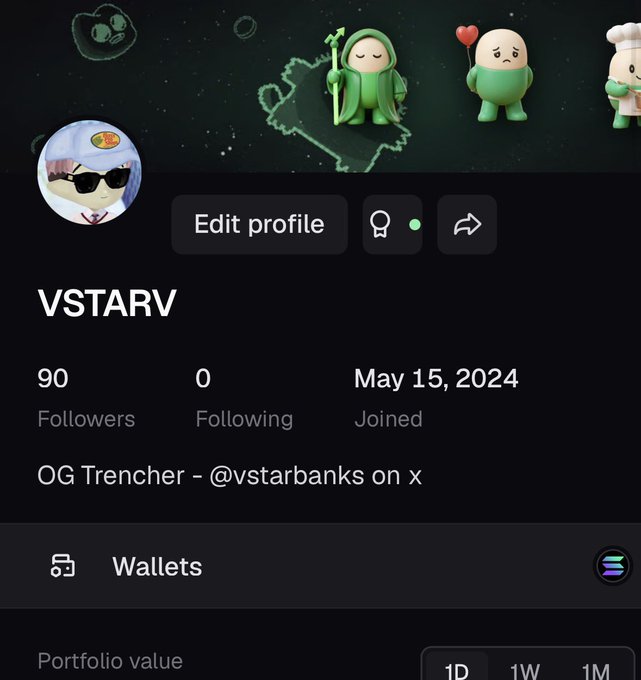 The image shows a profile page for "VSTARV" on what appears to be pump.fun, featuring a cartoon avatar and banner with green mascot characters, displaying 90 followers, 0 following, and a "Joined May 15, 2024" date. The bio reads "OG Trencher - @vstarbanks on x," promoting a giveaway where users must follow the account to enter for a chance at one of three $250 prizes.