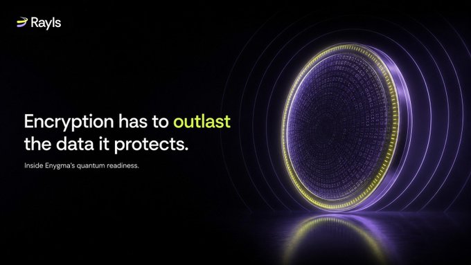 A promotional banner for Rayls displays the text 'Encryption has to outlast the data it protects.' and 'Inside Enygma's quantum readiness.' next to a glowing purple and yellow circular data visualization.
