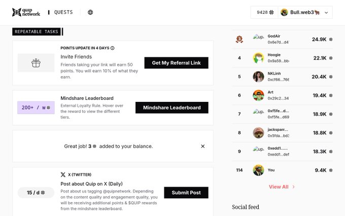A dashboard for 'Quip Network' showing the 'QUESTS' tab with a Mindshare Leaderboard, listing users like 'GodAir', 'Hoogle', and 'NKLinh' with points, and tasks like 'Invite Friends' and posting about Quip on X.