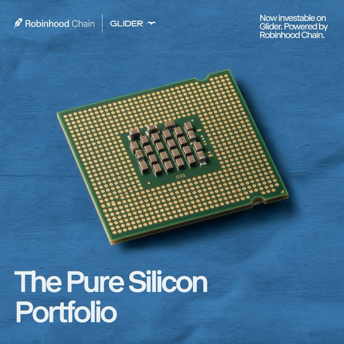 The image shows a close-up of a green computer processor with gold contact points on a blue surface, featuring "Robinhood Chain | GLIDER" branding in the top left, "Now investable on Glider, Powered by Robinhood Chain" in the top right, and "The Pure Silicon Portfolio" as the main headline at the bottom. The processor visually represents the semiconductor focus of the Pure Silicon Portfolio, which is now available as a tokenized investment on Glider's Robinhood Chain platform.